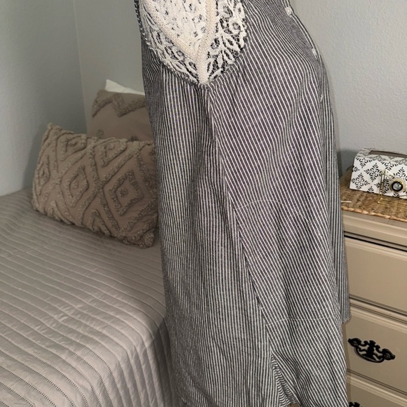 Mod Ref 100% cotton Linen look grayish black & white striped dress Sz small - Picture 3 of 11